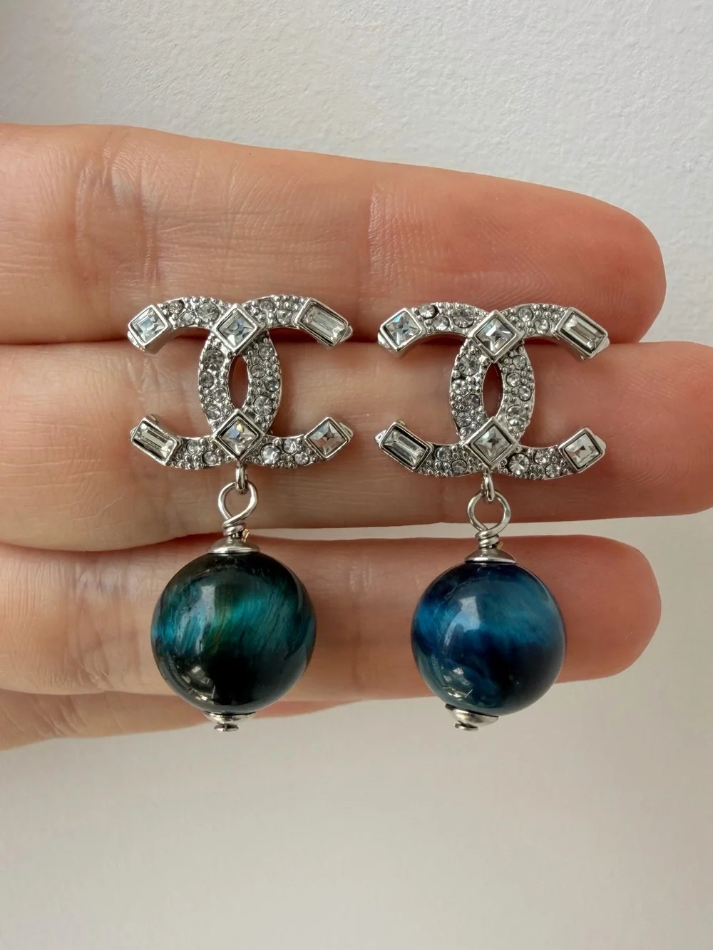 💙CHANEL Silver Crystal CC Logo Earrings with Blue and Teal Orb Drops⚡️